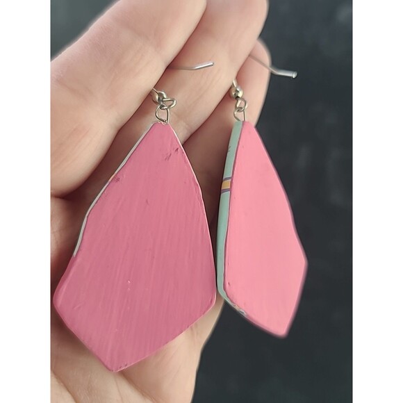 Bohemian Wooden Handpainted Dangling Earrings Vintage Costume Jewelry NOS - Picture 6 of 10